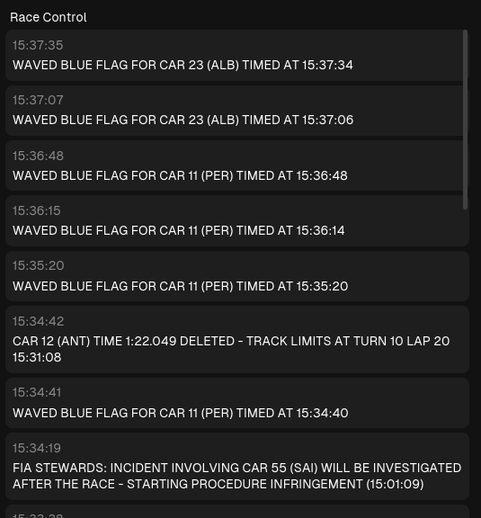 racecontrol messages with blue flags