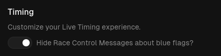 settings page showing the blue flags race control filter toggle setting